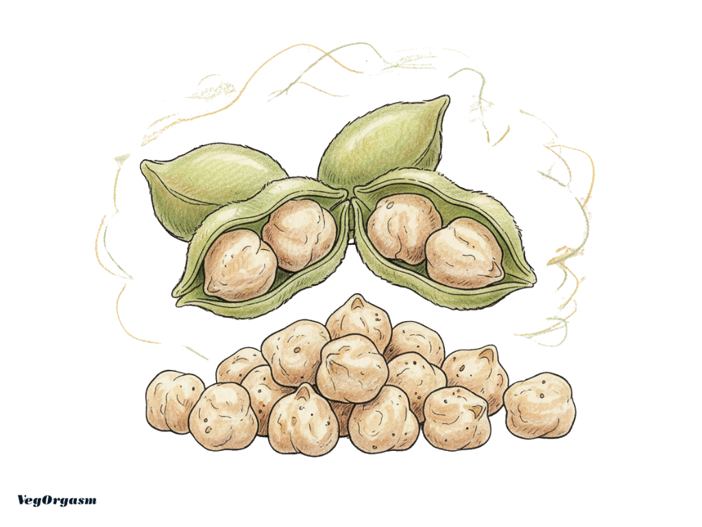 A hand-drawn illustration of chickpeas, with two green pods opened to reveal the round, beige chickpeas inside, and a pile of loose chickpeas scattered below them. The drawing has subtle shading and colored pencil textures on a white background.