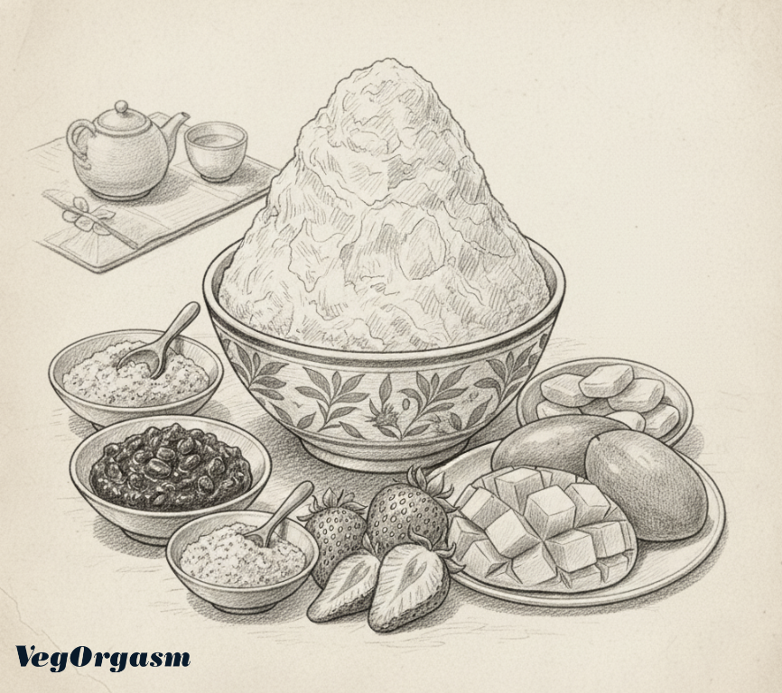 A vintage-style, hand-drawn pencil sketch of bingsu (Korean shaved ice) ingredients. In the center, a large bowl holds a towering mound of finely shaved ice. Around it are smaller bowls containing various toppings: sweet red beans, ground roasted soybean powder (injeolmi), and what appears to be another type of powder. On a plate to the right, there are sliced mangoes and strawberries. In the background, to the left, a teapot and a small cup are depicted on a mat. The overall style is reminiscent of old botanical or food illustrations, with a monochromatic, sepia-toned paper effect.