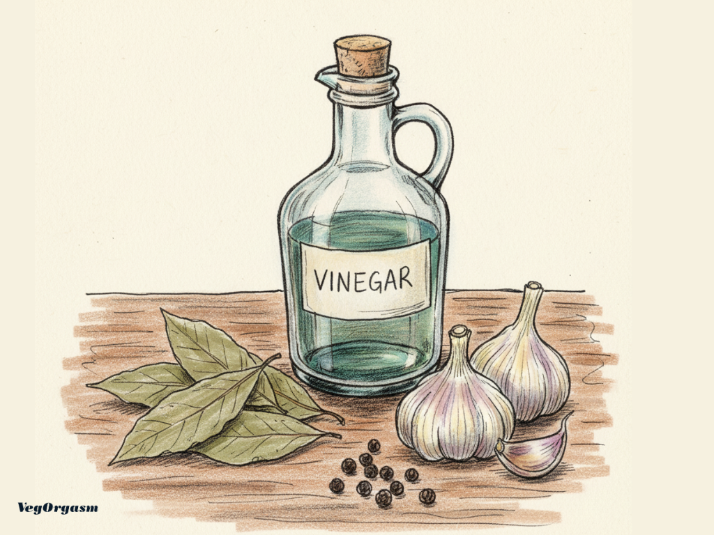 A colored pencil drawing depicts a clear glass bottle of "VINEGAR" with a cork stopper, next to a pile of bay leaves, two garlic bulbs, a single garlic clove, and a scattering of black peppercorns, all resting on a wooden surface. The bottom left corner contains the text "VegOrgasm"