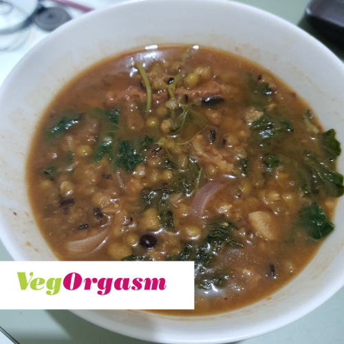 A hearty bowl of stew or soup is shown from a top-down perspective, filled with a rich, brown broth. Visible ingredients include whole green mung beans, pieces of dark leafy greens, red onion slices, and possibly some chunks of other vegetables or plant-based protein. The bowl is white and the background is slightly blurred, suggesting an indoor setting. A white rectangular overlay with the word "VegOrgasm" in green and pink font is present in the bottom left corner of the image.