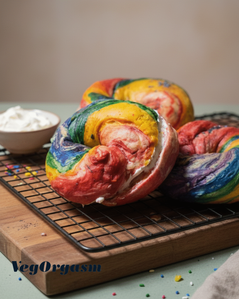 
A vibrant, close-up photograph shows three rainbow bagels stacked on a black wire cooling rack. The bagels are swirled with multiple colors, including red, orange, yellow, green, blue, and purple, giving them a tie-dye effect. They are sliced open, revealing a generous amount of vegan white cream cheese filling.

The cooling rack sits on a wooden cutting board. To the left, a small, white ceramic bowl holds a scoop of vegan cream cheese. The background is a soft, two-toned wall, with a light green color on the bottom and a muted tan color on top. Below the bagels, a few scattered rainbow sprinkles add a playful detail.

The overall lighting is soft and natural, highlighting the textures of the bagels and vegan cream cheese. The "VegOrgasm" logo is visible in the bottom left corner of the image.
