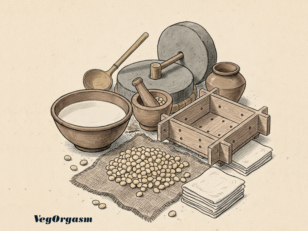 A hand-drawn illustration depicting traditional tofu-making ingredients and equipment. In the foreground, a pile of soybeans rests on a piece of burlap cloth. To the left, a wooden bowl holds a liquid, presumably soy milk. Behind the soybeans and bowl, there's a mortar and pestle. Further back, two large, round grinding stones with a wooden handle are visible. To the right, a wooden tofu press mold and a small clay pot are shown. Below the image, in the bottom left corner, the text "VegOrgasm" is displayed in a dark, bold font. The overall style is reminiscent of old botanical or culinary drawings.