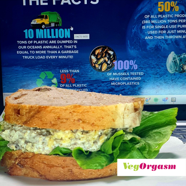 A close-up shot of a vegan chickpea sandwich with a green lettuce leaf and a light-colored filling, served on what appears to be whole wheat or brown bread. In the blurred background, a computer screen displays facts about plastic pollution, including text like "10 MILLION TONS OF PLASTIC ARE DUMPED IN OUR OCEANS ANNUALLY," and "100% OF MUSSELS TESTED HAVE CONTAINED MICROPLASTICS." A green and white "VegOrgasm" logo is visible in the bottom right corner of the sandwich image.