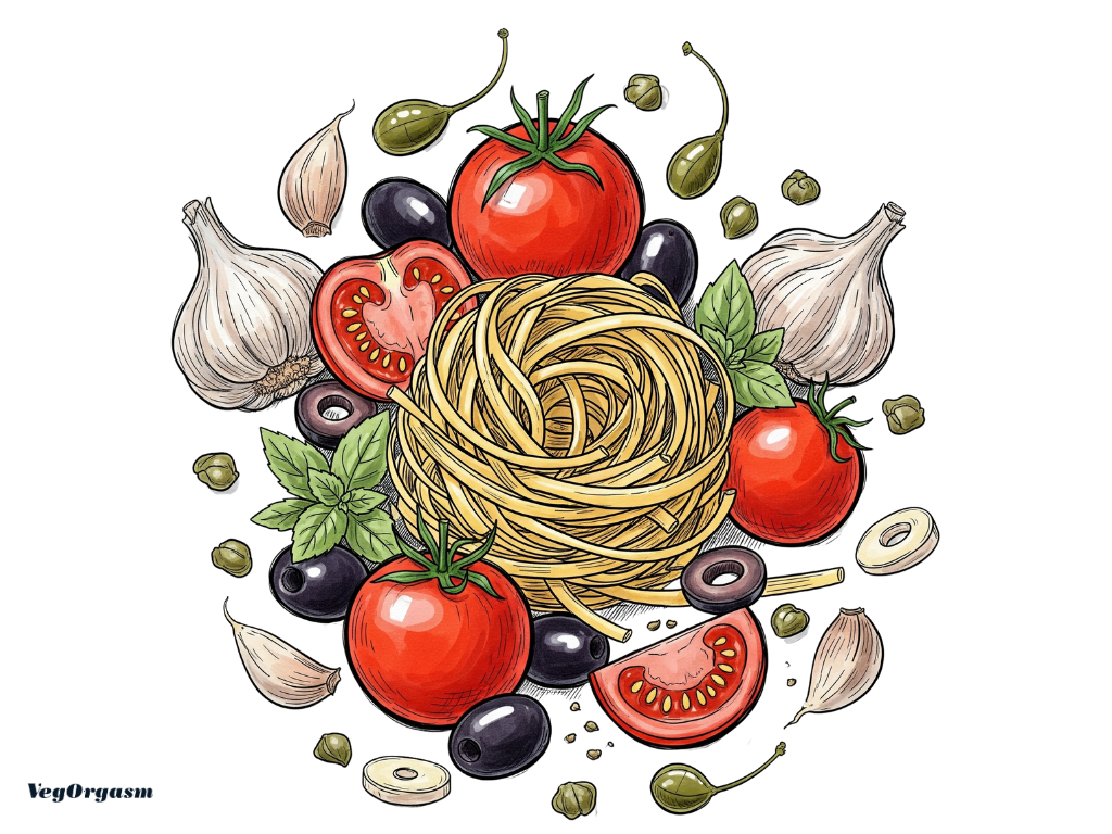 A hand-drawn illustration of   puttanesca ingrediets -a nest of pasta surrounded by tomatoes, black olives, capers, and garlic.