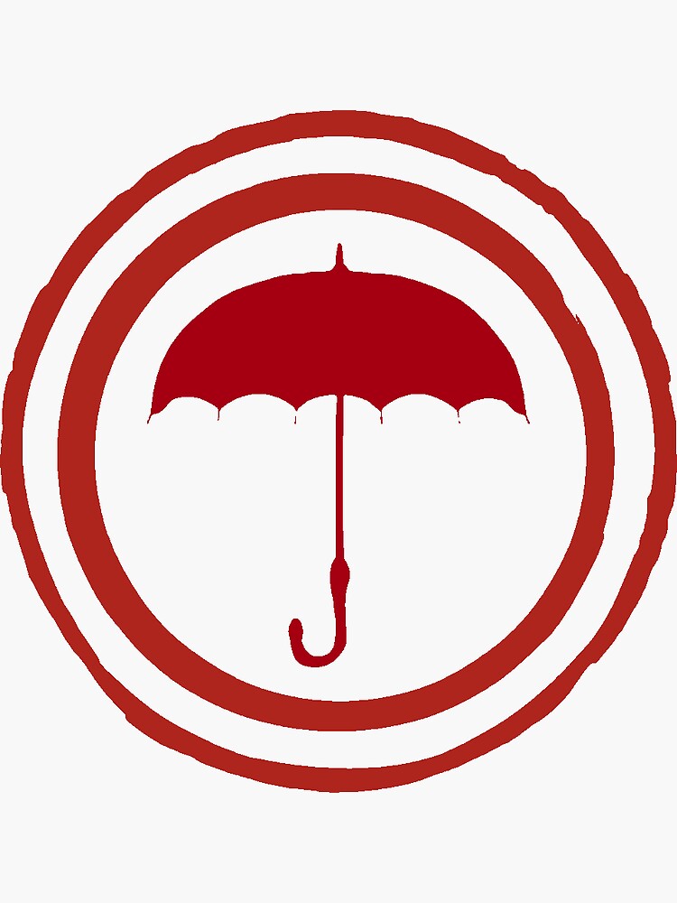 
A simple, red umbrella with a hooked handle inside of a double-lined, red circle. The outer circle has a slightly distressed or textured look, like a stamp or a hand-drawn mark. The background is a solid light gray or off-white.