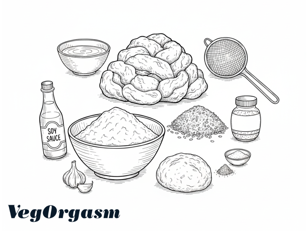 A black and white, hand-drawn illustration depicting ingredients for making seitan, surrounding a central, crinkled mass of washed gluten.
The ingredients shown include:
A bottle of soy sauce next to a couple of cloves of garlic.
A large bowl of vital wheat gluten flour.
A small mound of spices (possibly bouillon or nutritional yeast).
A small pile of what looks like whole spices or grains.
A small container/jar of powdered seasoning.
A small bowl of liquid (water or broth).
A wire mesh strainer with a handle.
In the bottom center, a smooth ball of dough sits near the flour.
The text "VegOrgasm" is featured prominently at the bottom left.
