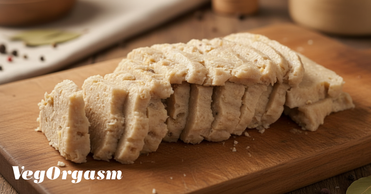A close-up shot of a loaf of seitan, sliced into thick pieces, resting on a wooden cutting board. The seitan is light beige and has a slightly textured appearance. In the bottom left corner, the words "VegOrgasm" are written in a stylized font.
